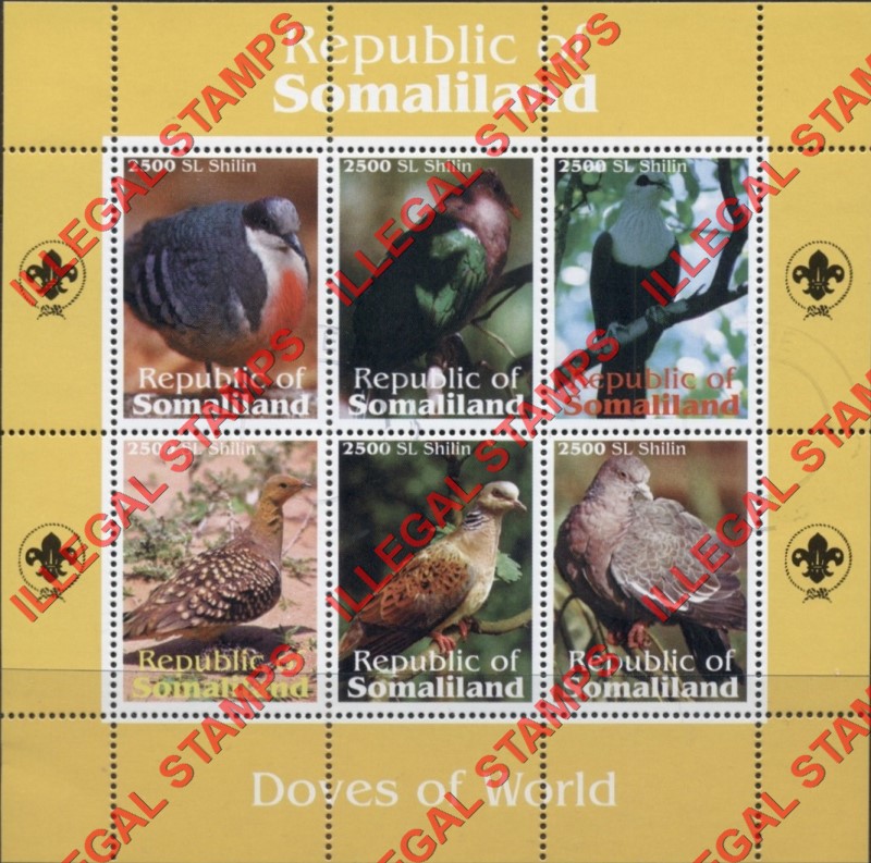 Somaliland 1998 Birds Doves Illegal Stamp Souvenir Sheet of 6