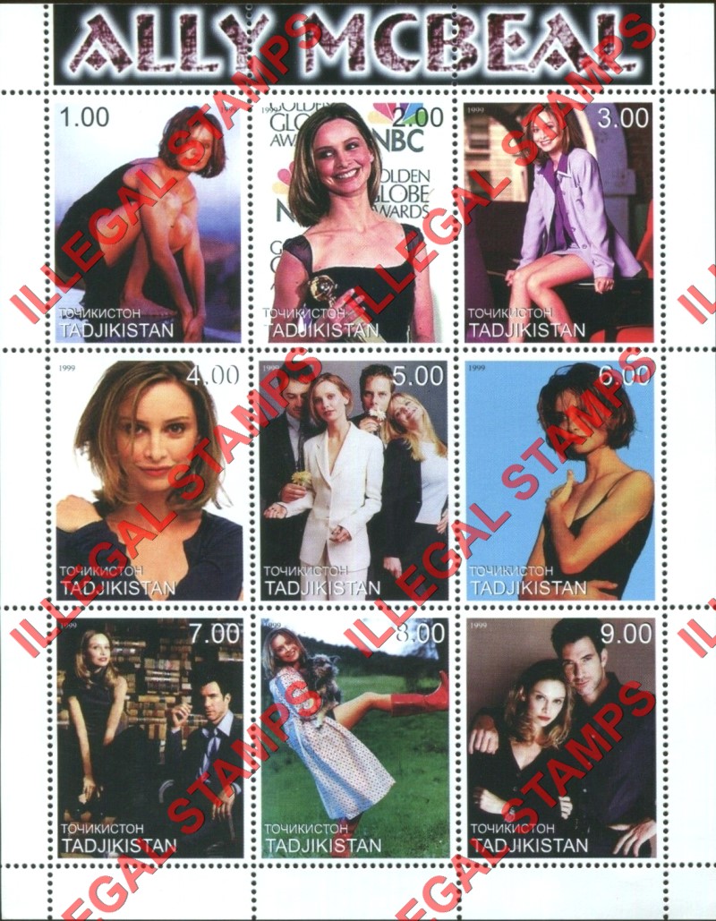 Tajikistan 1999 Ally McBeal Illegal Stamp Souvenir Sheet of 9