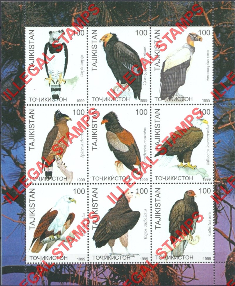 Tajikistan 1999 Birds of Prey Illegal Stamp Souvenir Sheet of 9