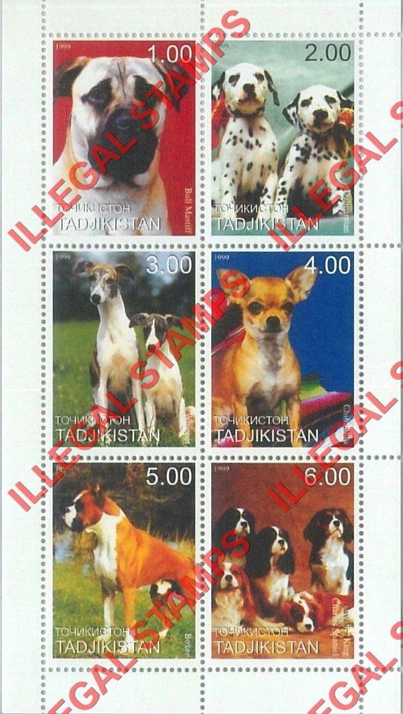 Tajikistan 1999 Dogs Illegal Stamp Souvenir Sheet of 6