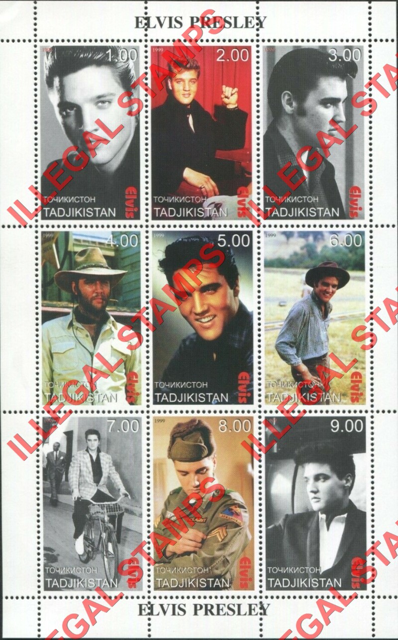 Tajikistan 1999 Elvis Presley Illegal Stamp Souvenir Sheet of 9