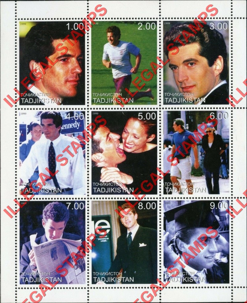 Tajikistan 1999 John Kennedy Jr. Illegal Stamp Souvenir Sheet of 9