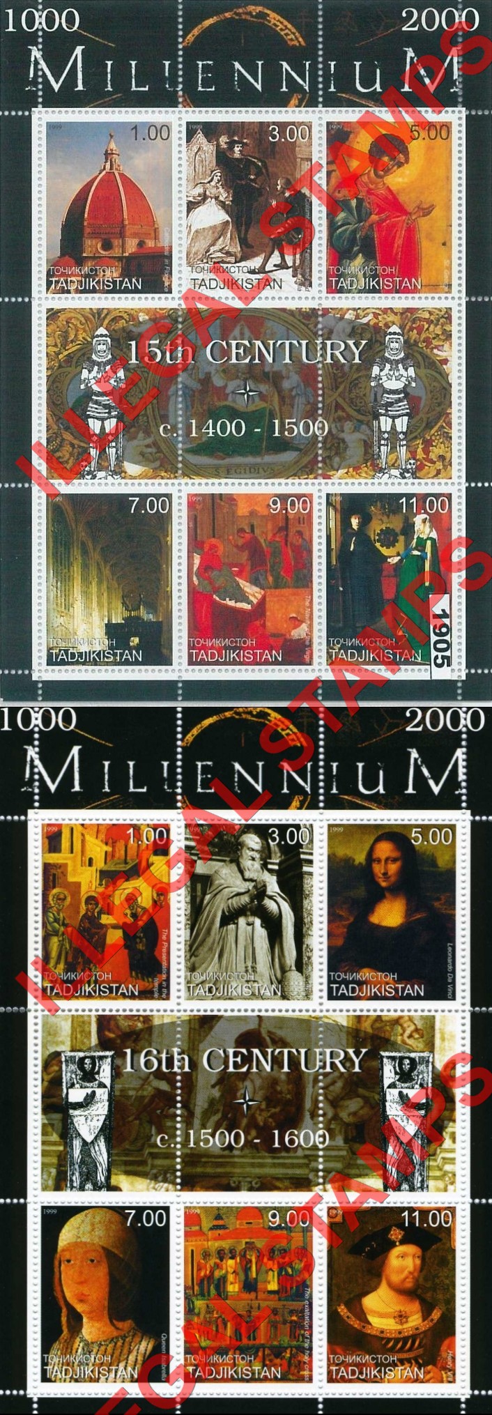 Tajikistan 1999 Millennium 15th and 16th Century Illegal Stamp Souvenir Sheets of 9