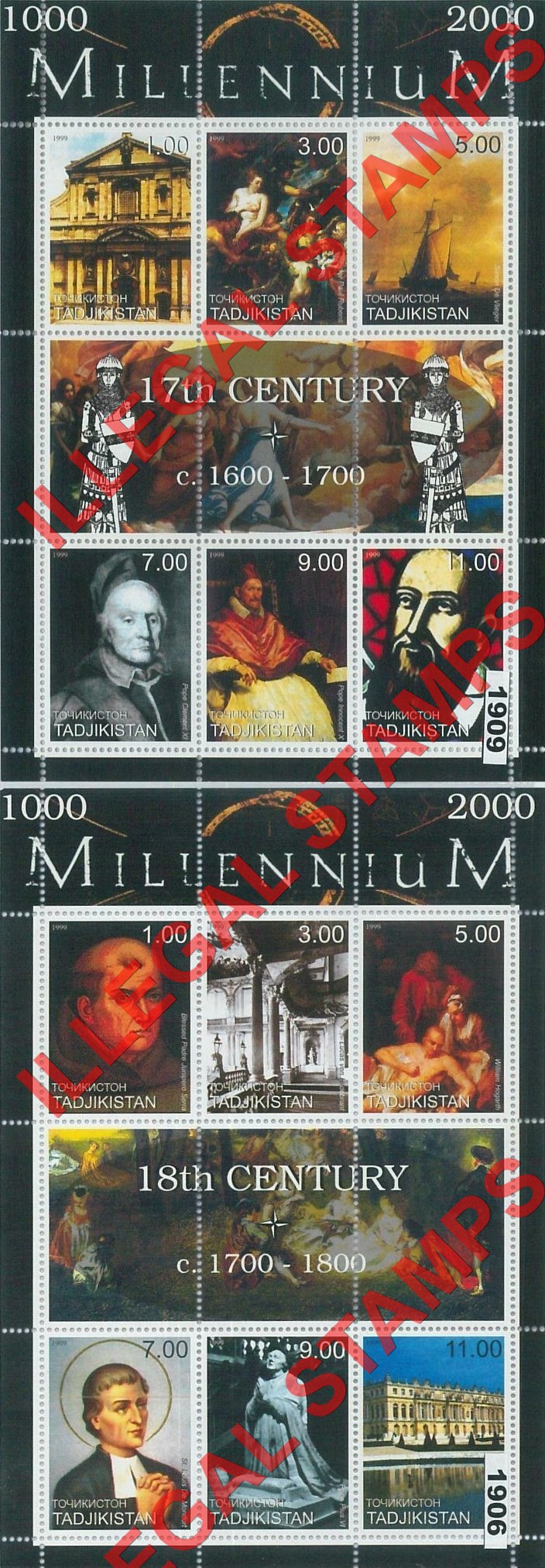 Tajikistan 1999 Millennium 17th and 18th Century Illegal Stamp Souvenir Sheets of 9