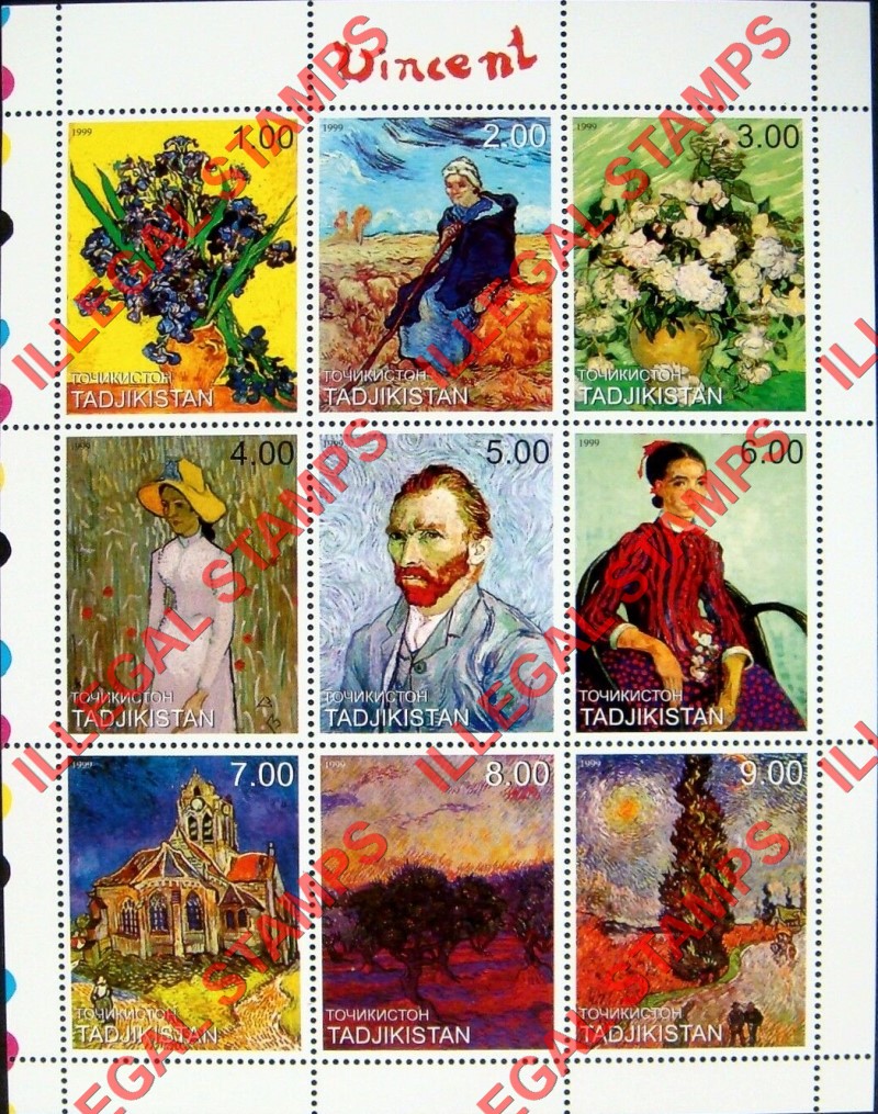 Tajikistan 1999 Paintings by Vincent van Gogh Illegal Stamp Souvenir Sheet of 9
