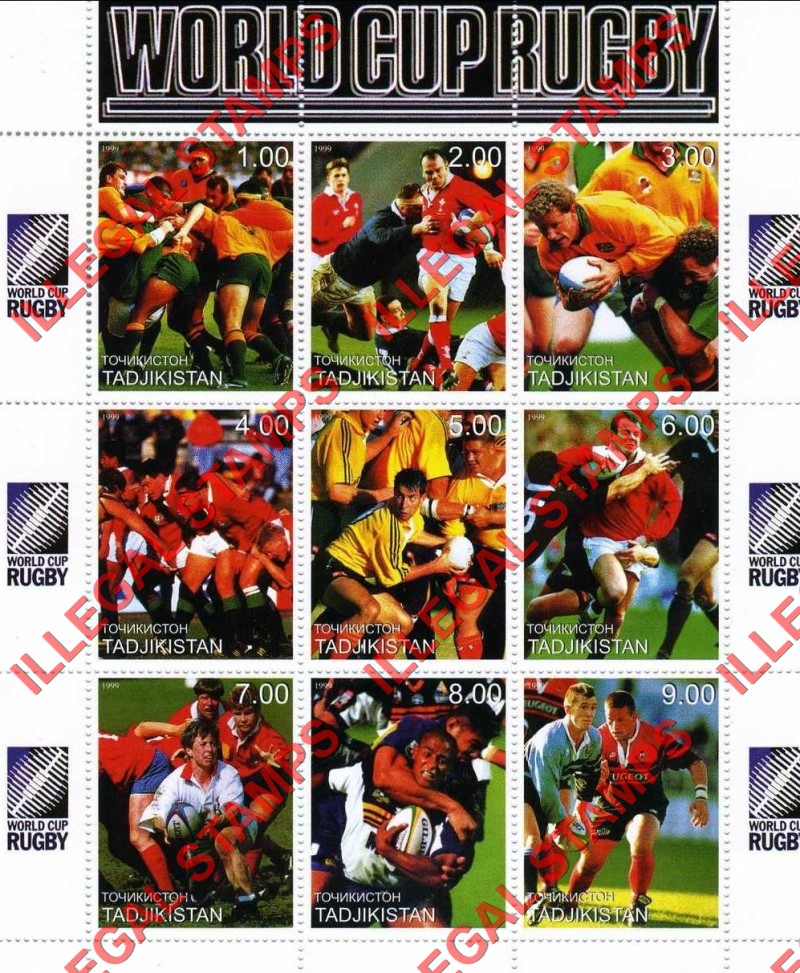 Tajikistan 1999 Rugby World Cup Illegal Stamp Souvenir Sheet of 9