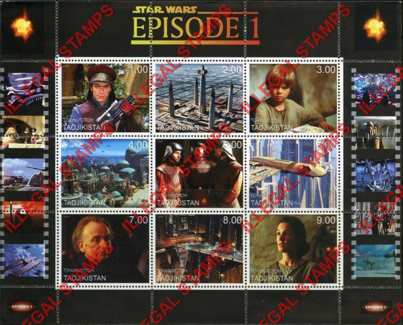 Tajikistan 1999 Star Wars Episode 1 Illegal Stamp Souvenir Sheet of 9
