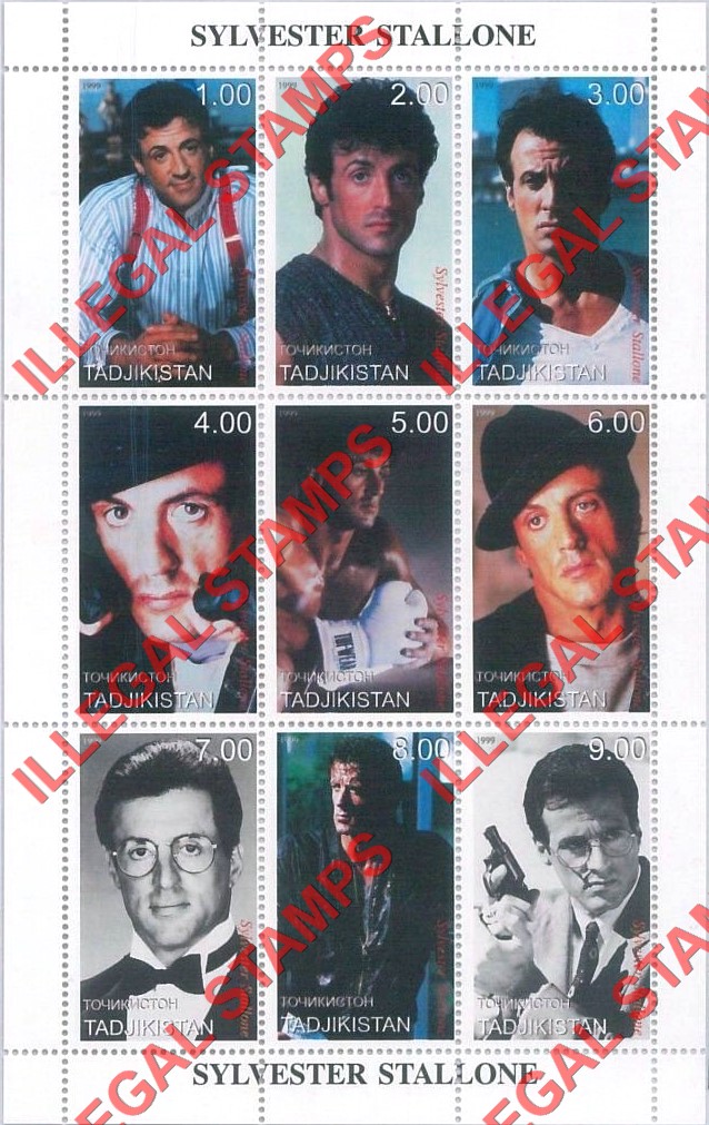 Tajikistan 1999 Sylvester Stallone Illegal Stamp Souvenir Sheet of 9