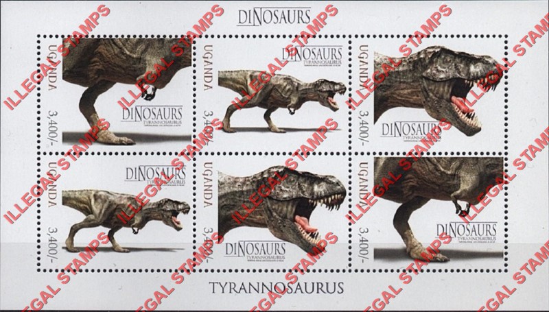 Uganda 2012 Dinosaurs Illegal Stamp Souvenir Sheet of 6 (Sheet 1)