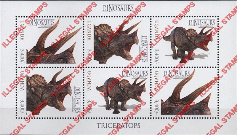 Uganda 2012 Dinosaurs Illegal Stamp Souvenir Sheet of 6 (Sheet 2)