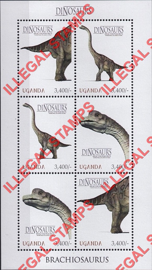 Uganda 2012 Dinosaurs Illegal Stamp Souvenir Sheet of 6 (Sheet 3)