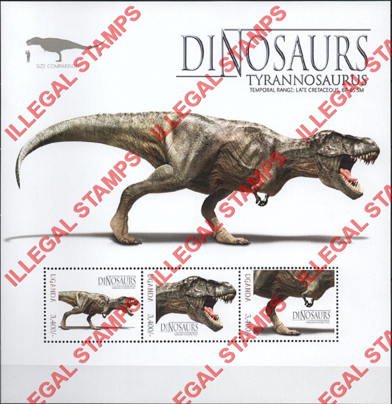 Uganda 2012 Dinosaurs Illegal Stamp Souvenir Sheet of 3 (Sheet 1)