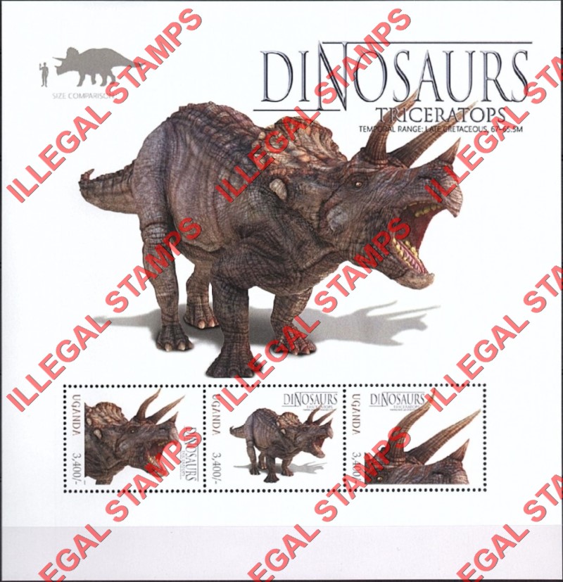 Uganda 2012 Dinosaurs Illegal Stamp Souvenir Sheet of 3 (Sheet 2)
