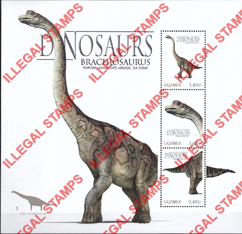 Uganda 2012 Dinosaurs Illegal Stamp Souvenir Sheet of 3 (Sheet 3)