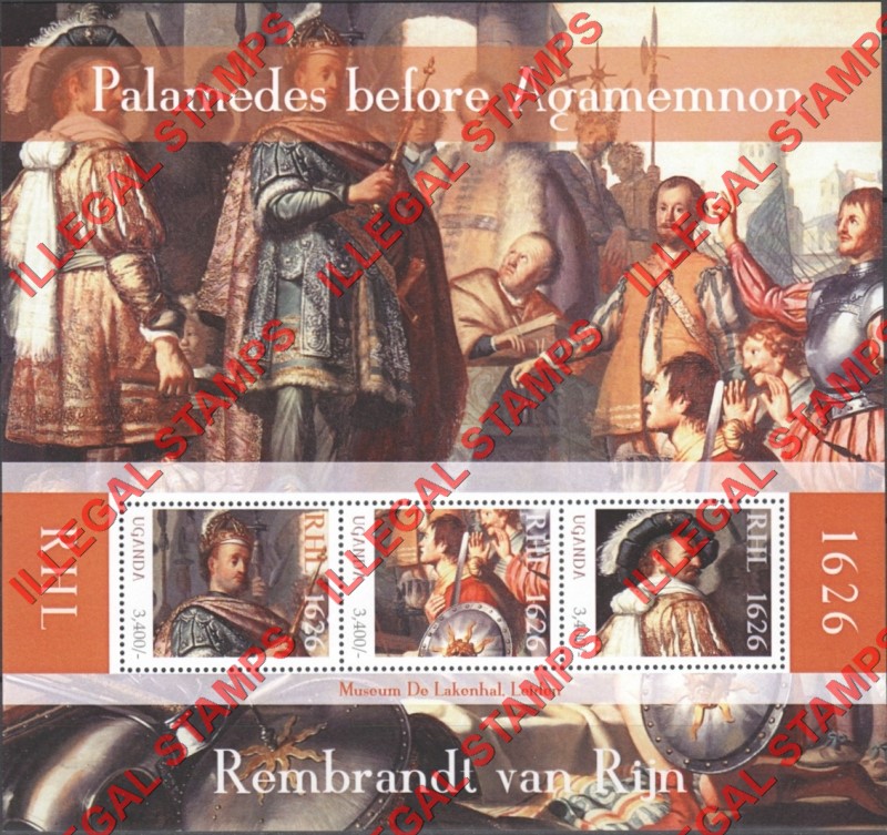 Uganda 2012 Painting by Rembrandt Palamedes Before Agamemnon Illegal Stamp Souvenir Sheet of 3