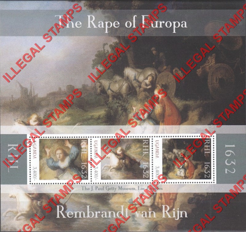 Uganda 2012 Painting by Rembrandt The Rape of Europa Illegal Stamp Souvenir Sheet of 3