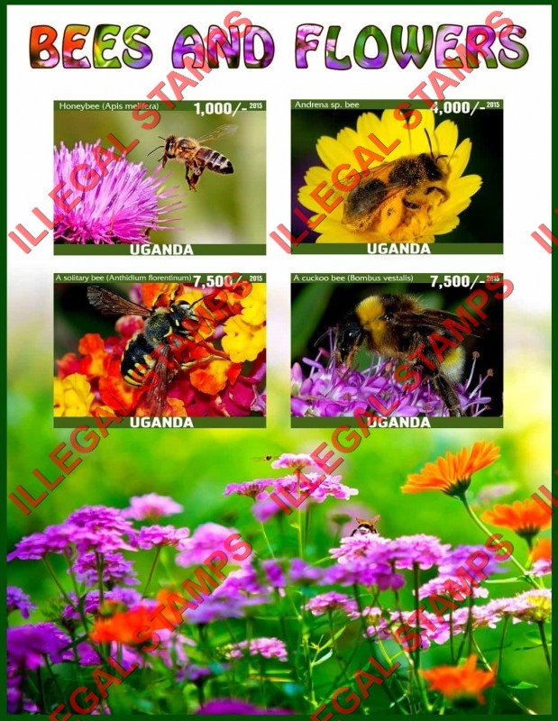 Uganda 2015 Bees and Flowers Illegal Stamp Souvenir Sheet of 4