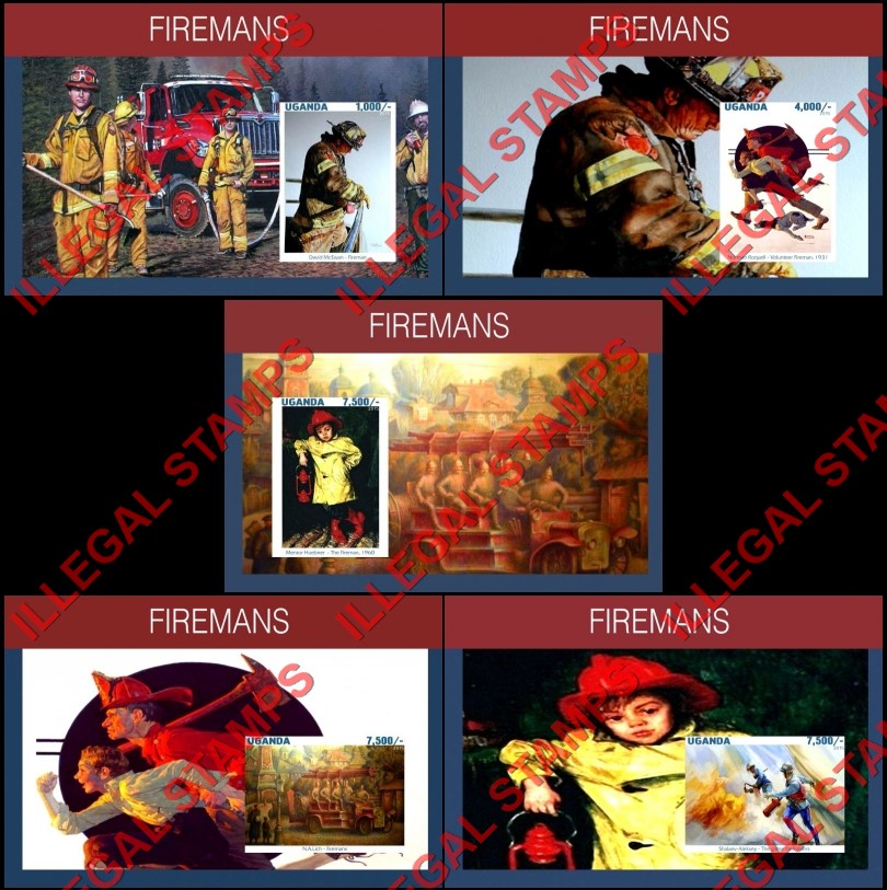 Uganda 2015 Firefighters Firemans Illegal Stamp Souvenir Sheets of 1