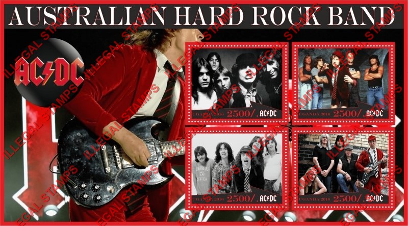 Uganda 2016 AC/DC Australian Hard Rock Band Illegal Stamp Souvenir Sheet of 4