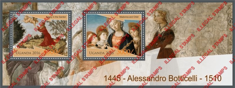Uganda 2016 Paintings by Alessandro Botticelli Illegal Stamp Souvenir Sheet of 2