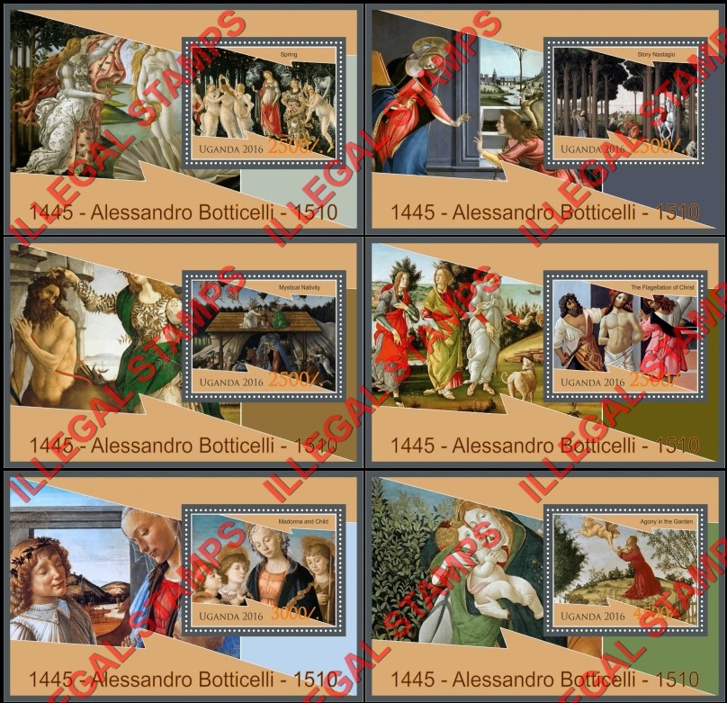 Uganda 2016 Paintings by Alessandro Botticelli Illegal Stamp Souvenir Sheets of 1