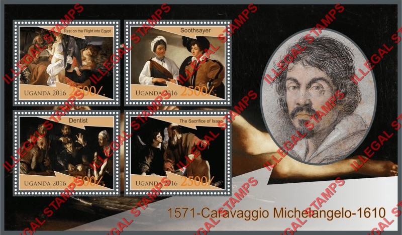 Uganda 2016 Paintings by Caravaggio Michelangelo Illegal Stamp Souvenir Sheet of 4