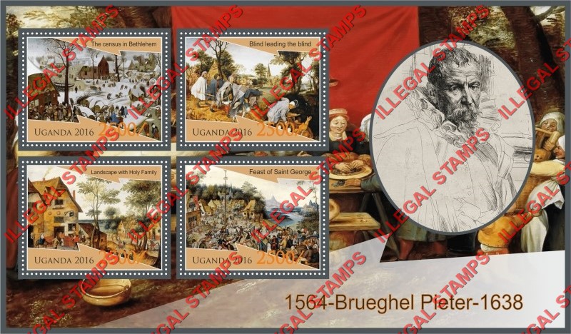 Uganda 2016 Paintings by Pieter Brueghel (The Younger) Illegal Stamp Souvenir Sheet of 4