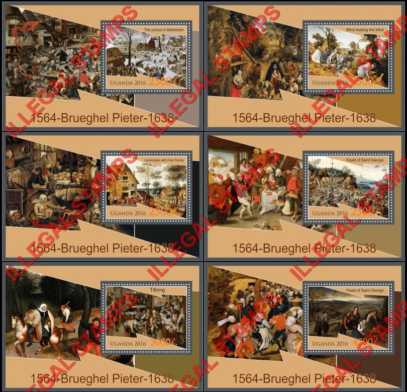 Uganda 2016 Paintings by Pieter Brueghel (The Younger) Illegal Stamp Souvenir Sheets of 1