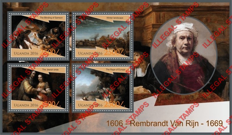 Uganda 2016 Paintings by Rembrandt Van Rijn Illegal Stamp Souvenir Sheet of 4