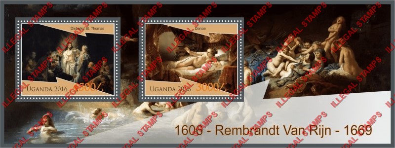 Uganda 2016 Paintings by Rembrandt Van Rijn Illegal Stamp Souvenir Sheet of 2