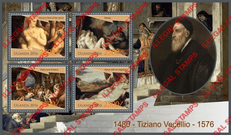 Uganda 2016 Paintings by Tiziano Vecellio Illegal Stamp Souvenir Sheet of 4
