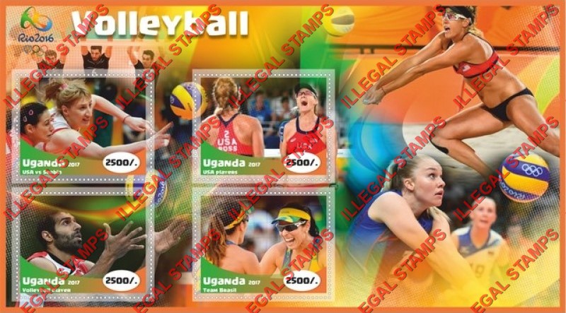 Uganda 2017 Olympic Games in Rio in 2016 Volleyball Players Illegal Stamp Souvenir Sheet of 4