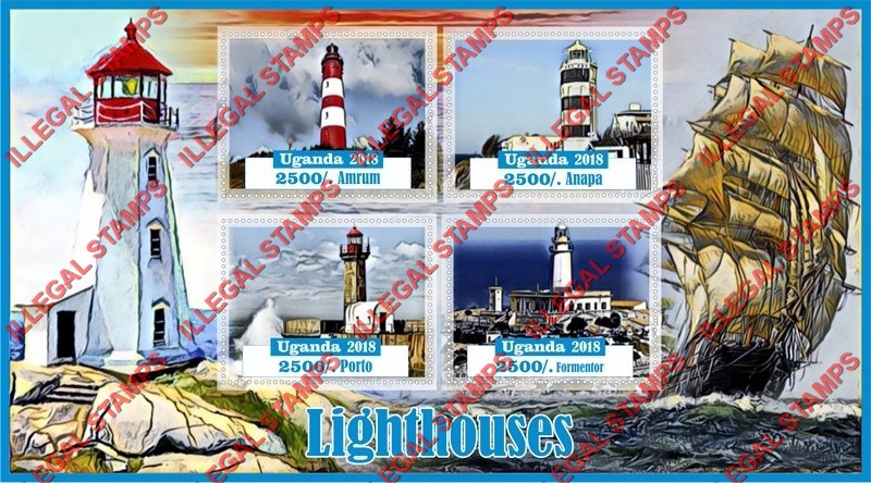 Uganda 2018 Lighthouses (different) Illegal Stamp Souvenir Sheet of 4