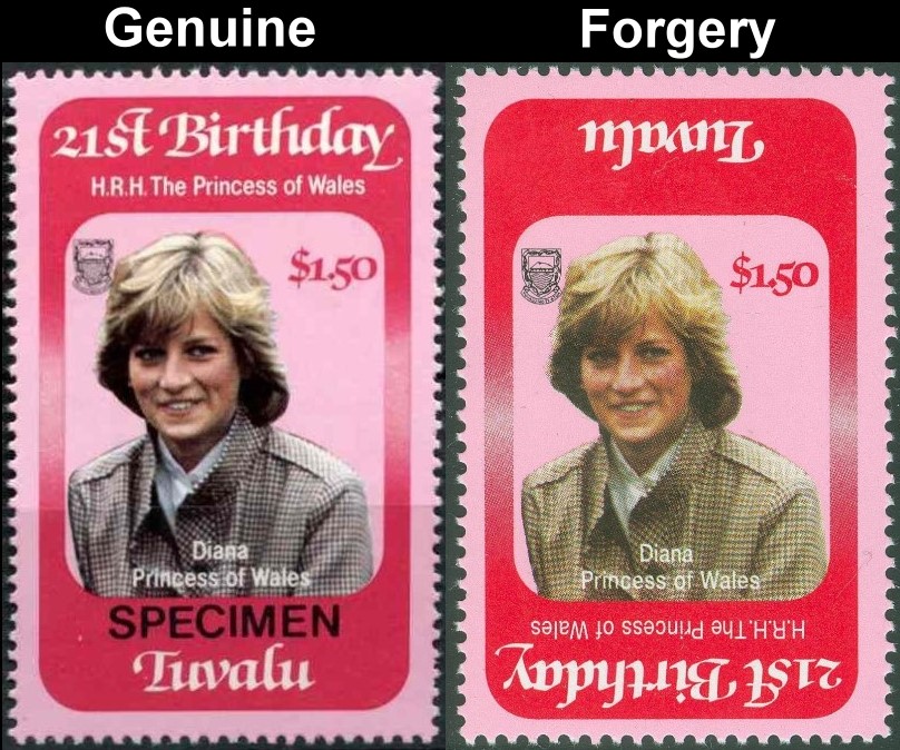 Tuvalu 1982 21st Birthday Different Forgery with Original Stamp Comparison