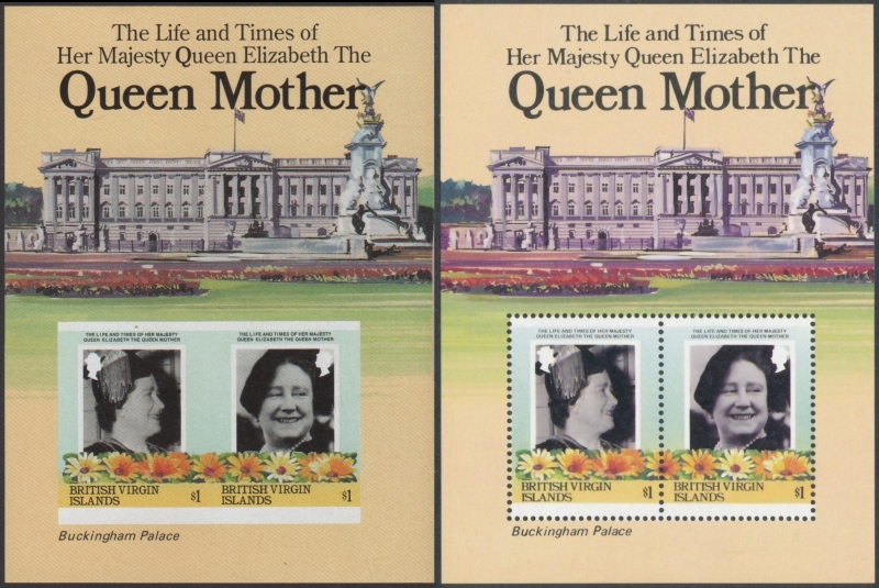 British Virgin Islands 1985 85th Birthday Fake with Original Souvenir Sheet Comparison