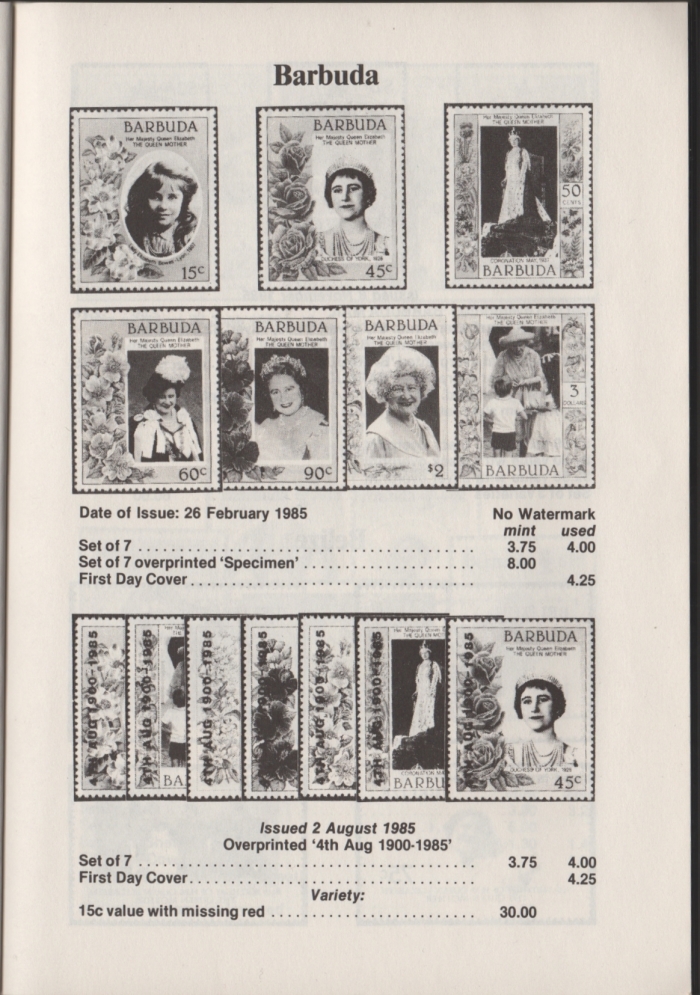 Urch Harris Ad Showing Barbuda 1985 85th Birthday Stamps and Varieties