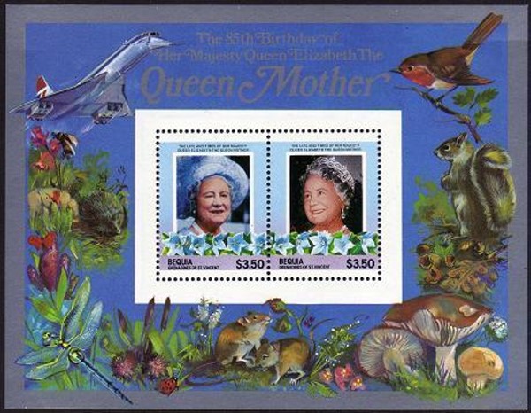 Saint Vincent Bequia 1985 85th Birthday of Queen Elizabeth the Queen Mother $3.50 Restricted Printing Souvenir Sheet