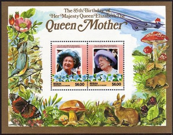 Saint Vincent Bequia 1985 85th Birthday of Queen Elizabeth the Queen Mother $6.00 Restricted Printing Souvenir Sheet