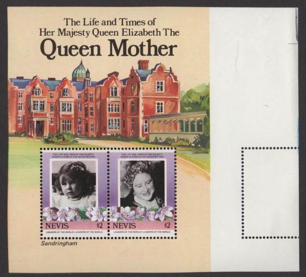 Nevis 1985 85th Birthday of Queen Elizabeth the Queen Mother Omnibus Series Perforated Blank Variety Souvenir Sheet Found in the Archive