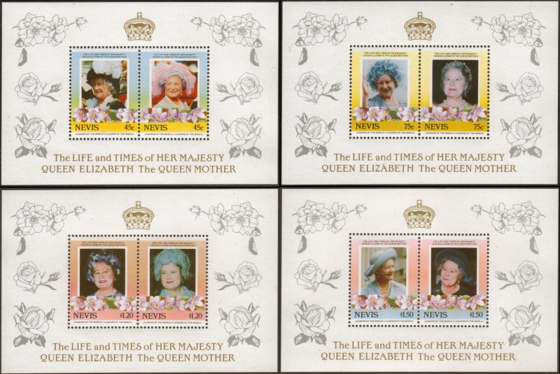 Nevis 1985 85th Birthday of Queen Elizabeth the Queen Mother Omnibus Series Unissued Souvenir Sheet Set