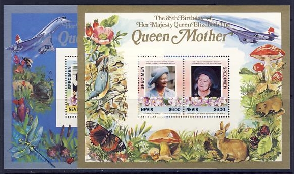 Nevis 1985 85th Birthday of Queen Elizabeth the Queen Mother Restricted Printing Souvenir Sheets with SPECIMEN Overprint