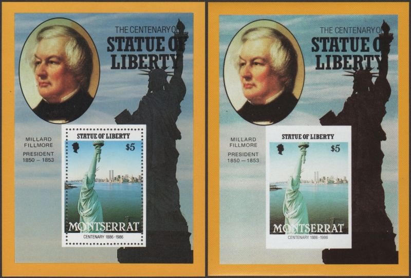 Montserrat 1986 Centenary of the Statue of Liberty Fake with Original $5 Souvenir Sheet Comparison
