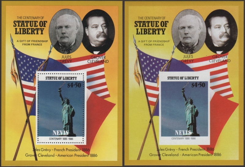 Nevis 1986 Centenary of the Statue of Liberty Fake with Original $4.50 Souvenir Sheet Comparison
