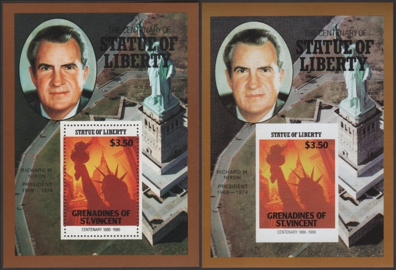 Saint Vincent Grenadines 1986 Centenary of the Statue of Liberty Fake with Original $3.50 Souvenir Sheet Comparison
