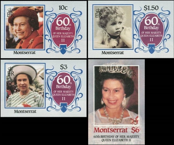 Montserrat 1986 60th Birthday of Queen Elizabeth II Imperforate Stamp Varieties
