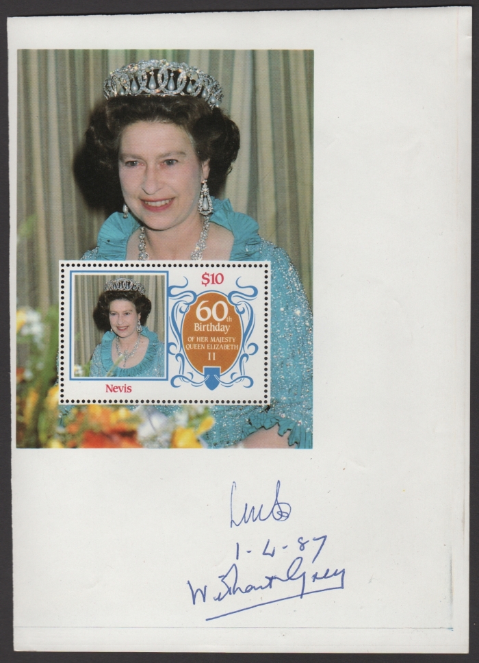 Nevis 1986 60th Birthday of Queen Elizabeth II Omnibus Series Souvenir Sheet with Missing Grayish Background Color Error Found in the Archive
