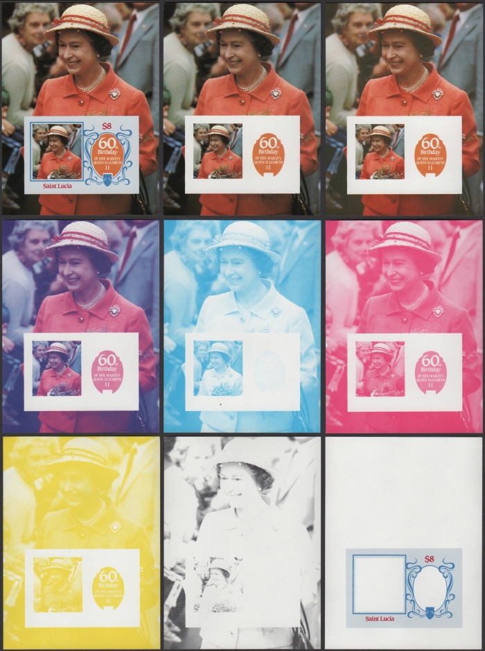 Saint Lucia 1986 60th Birthday of Queen Elizabeth II Omnibus Series Progressive Color Proofs of the Souvenir Sheet