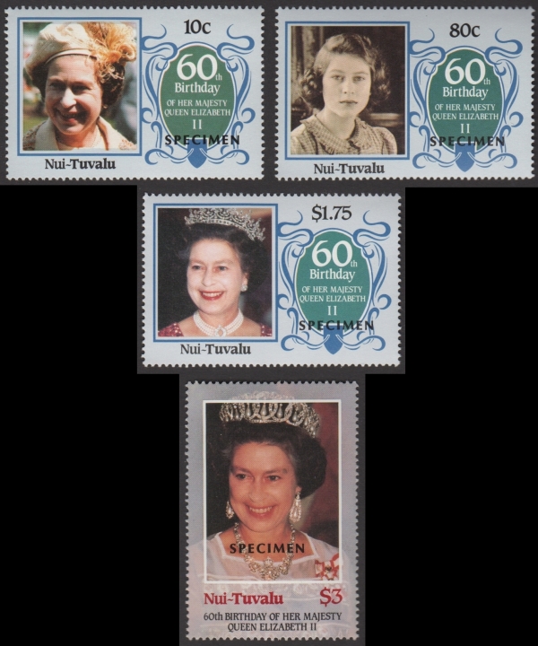 Nui 1986 60th Birthday of Queen Elizabeth II Omnibus Series SPECIMEN Stamps