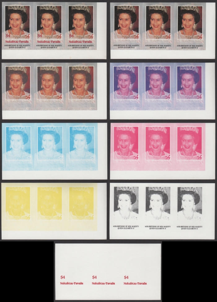 The Unique Nukufetau 1986 60th Birthday $4 Progressive Color Proof Strips of 3 Set