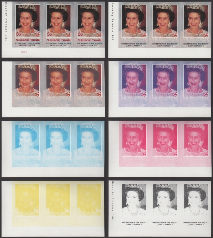 The Unique Nukulaelae 1986 60th Birthday $3 Progressive Color Proof Strips of 3 Set